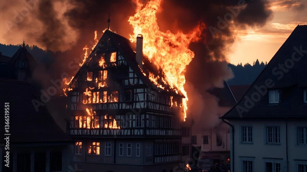 Obraz Burning Medieval Village in Flames