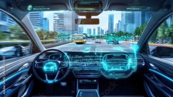 Fototapeta An AI powered system enhancing automotive safety by analyzing driving behavior data, AI-assisted hazard detection, and real-time vehicle status monitoring for improved road safety