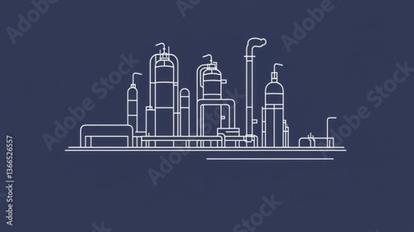 Fototapeta Industrial Complex Outline Simplified Line Art of Manufacturing Plant Structures and Equipment