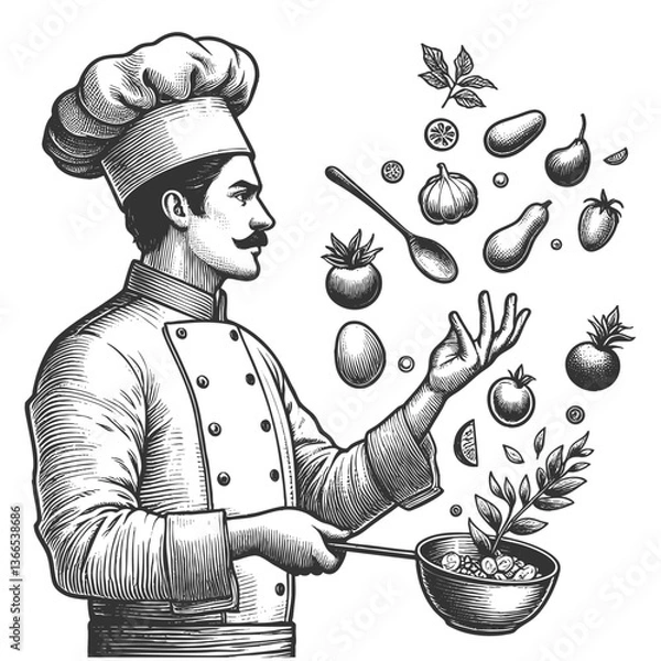 Fototapeta Chef Cooking with Flying Vegetables vector