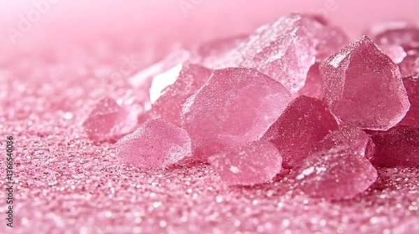 Fototapeta Beautiful pink crystals illuminated on a surface of sparkling glitter