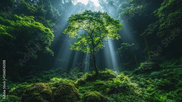 Obraz Lush green forest with sunlight