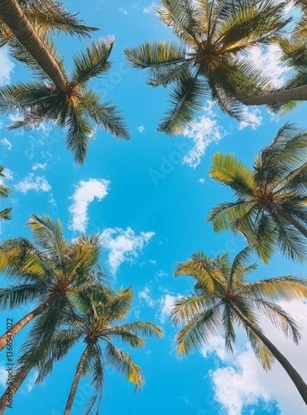 Fototapeta Palm trees canopy, tropical sky view
