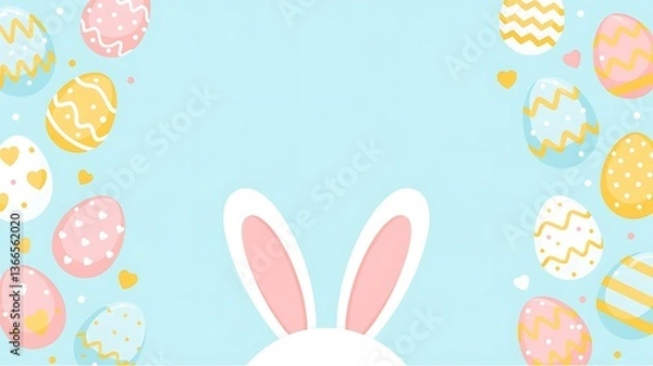 Fototapeta Easter Party Concept with Bunny Ears Colorful Easter Eggs Delicate Spring Flowers on a Pastel Blue Background with Copy Space for Festive Designs Greeting Cards and Holiday Invitations. Easter Holiday