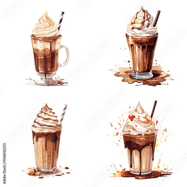 Fototapeta Delicious frappuccino drinks topped with whipped cream and chocolate drizzle in tall glasses. Ideal for cafe menus, iced coffee, dessert beverages, and sweet indulgent treats.

