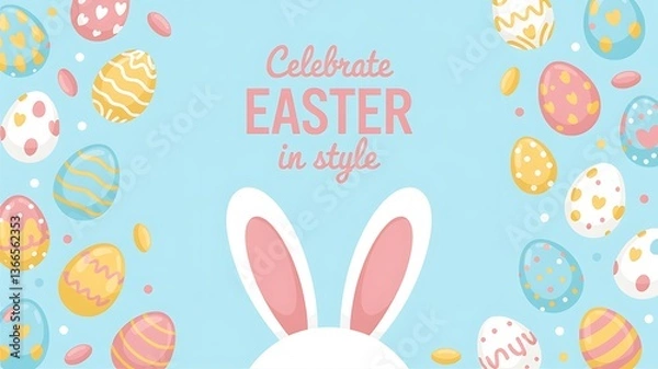 Fototapeta Easter Party Concept with Bunny Ears Colorful Easter Eggs Delicate Spring Flowers on a Pastel Blue Background with Copy Space for Festive Designs Greeting Cards and Holiday Invitations. Easter Holiday