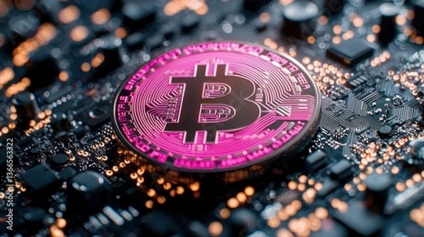 Fototapeta Cryptocurrency coin on circuit board
