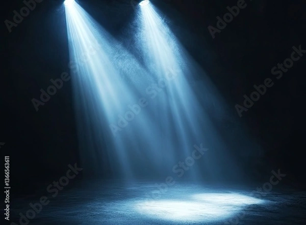 Fototapeta Dramatic Spotlights Shining Down Onto Empty Stage with Smoke Effect