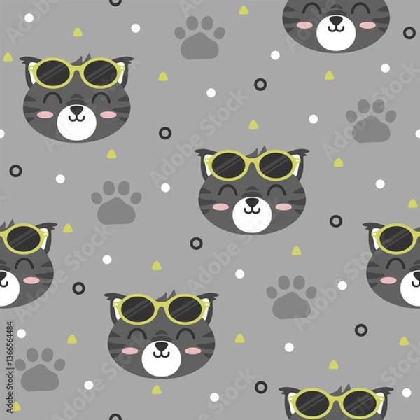 Obraz Cool cat hand drawn seamless pattern design for print on fabric and other uses.