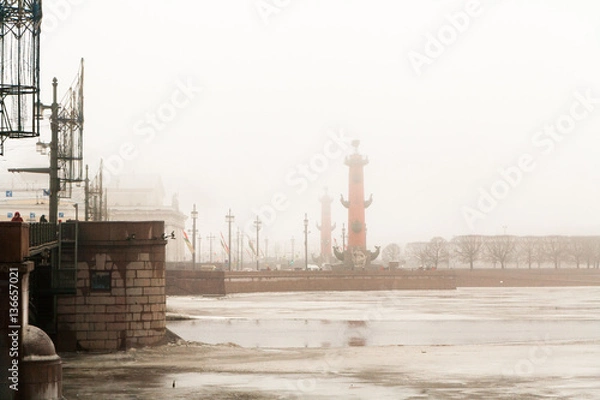 Fototapeta Rostral columns on the spit Vasilevsky Island in the fog in winter.