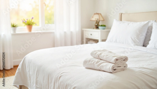 Fototapeta Cozy bedroom with neatly folded towels on a fresh white bedFreshly made bed with white sheets, Spring Cleaning Event    