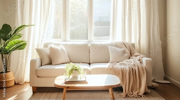 Fototapeta Cozy living room featuring a light-colored sofa adorned with pillows and a soft throw, bathed in natural light