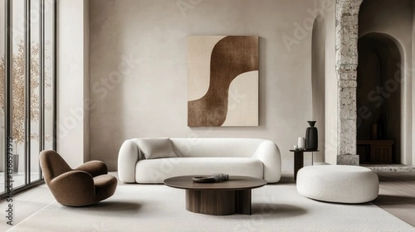 Fototapeta Modern living room featuring minimalist furniture, abstract art, and natural light with a serene atmosphere