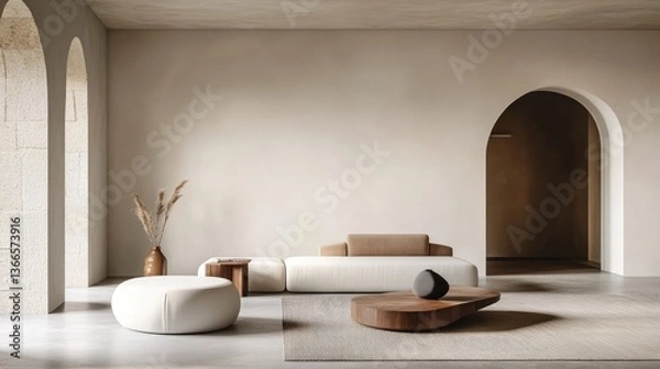 Fototapeta Modern minimalist living room featuring a beige sofa and wooden accents, with soft natural light illuminating the space
