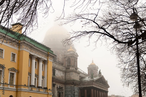Fototapeta St. Isaac's Cathedral in the fog through the branches of a tree.
