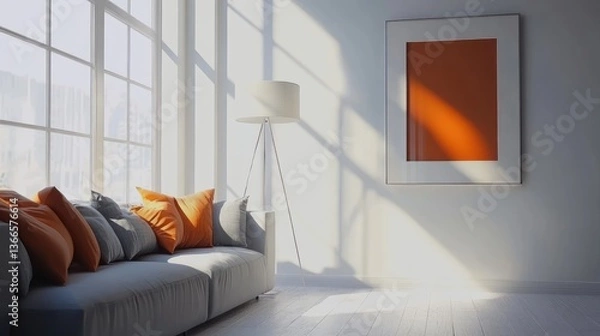 Fototapeta Bright and airy living room with a gray sofa adorned with orange cushions, featuring a large abstract orange artwork