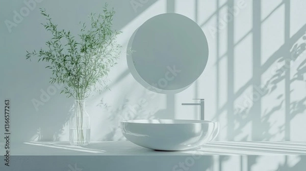 Fototapeta Minimalist bathroom scene featuring a sleek white sink and floating mirror with soft natural light and shadows