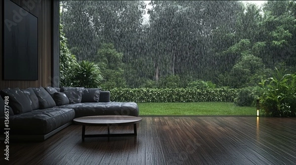 Fototapeta Modern living room with large windows showcasing a lush green garden during a heavy rainstorm in the background