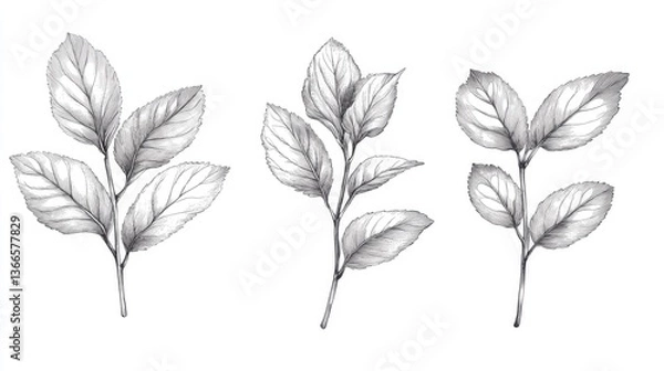 Fototapeta Detailed illustration of three distinct branches with leaves, showcasing intricate leaf patterns and textures