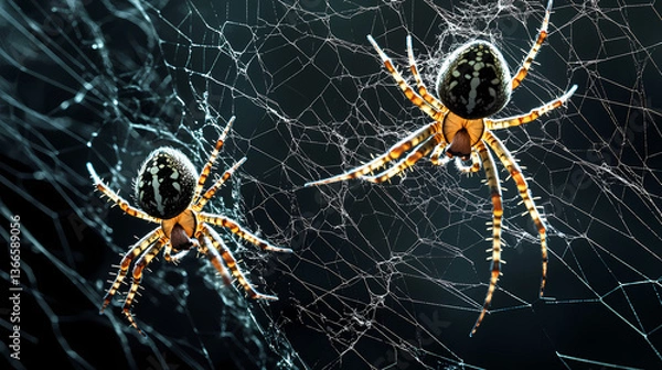Fototapeta Two spiders on black web background with intricate cobweb pattern in cornered composition. Gossamer Shadows. Illustration