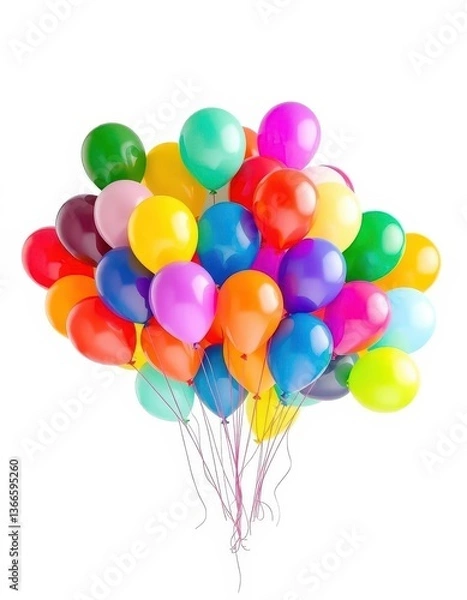 Fototapeta A cluster of vibrant, multicolored balloons floating against a pure white background, event, blue balloons, fun
