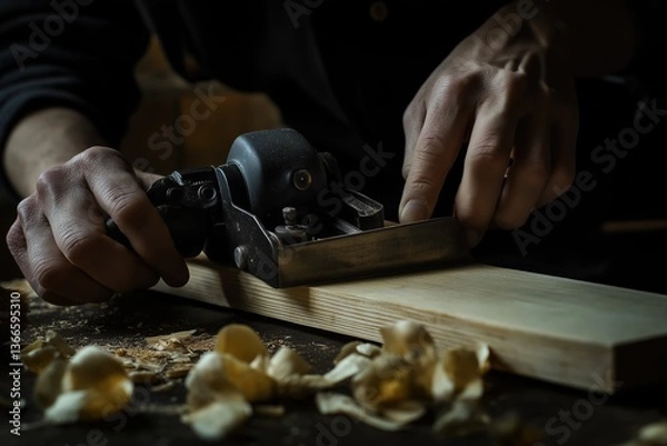 Fototapeta Close-up of hands using hand planer on wooden plank in workshop setting