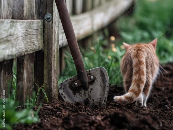 Fototapeta Curious cat exploring garden with vintage hoe and wooden fence. Generative ai illustrations