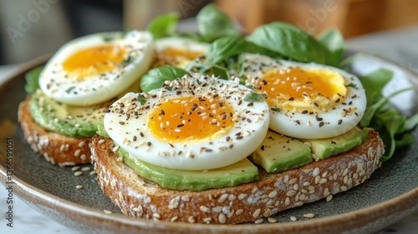 Fototapeta Eggs Avocado on Toast Healthy Breakfast Meal