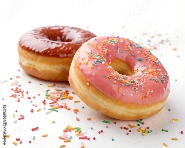 Fototapeta Two donut with sprinkles, pink and red donut on white background 