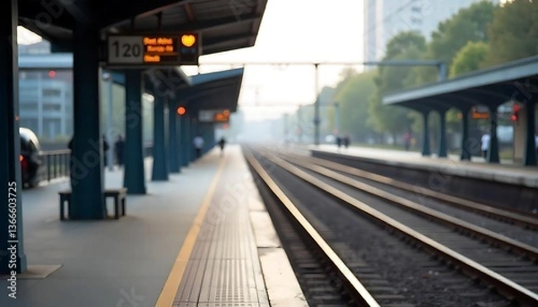 Fototapeta View of train station platform with railway tracks receding into the distance, concrete platform edge. Commuters travel by rail on holiday, business trip, visit family, created with generative ai