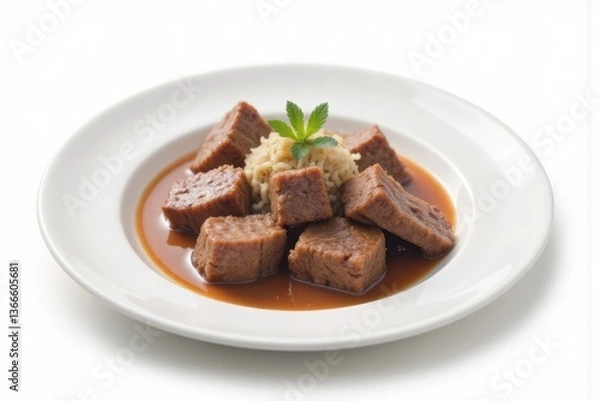 Fototapeta Delicious Seitan Cubes in Gravy with Rice, Vegan Meat Alternative, Healthy Plant-Based Meal on White Plate
