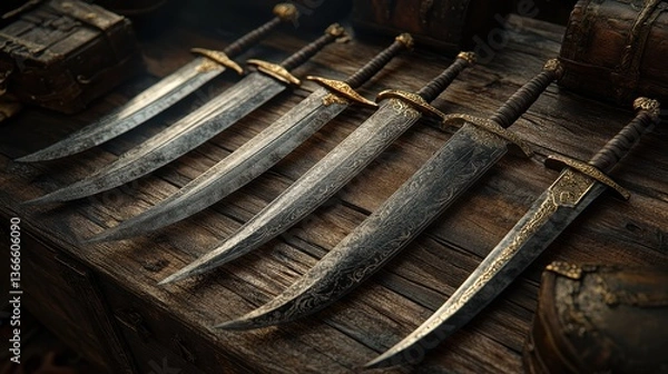 Fototapeta Ornate antique swords on wooden table with intricate engraved blades and gold detailing