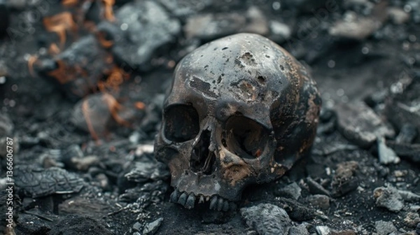 Fototapeta Burnt Skull in Ashes: A charred skull surrounded by soot and ashes, captured in a striking photo or render, representing the aftermath of destruction and fiery ruin.
