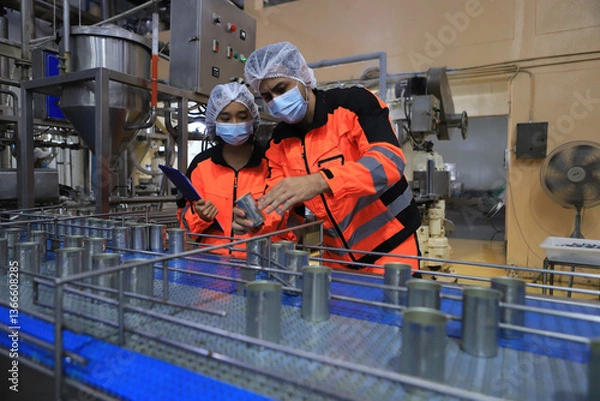 Fototapeta Food engineer working in the food factory for check production line
