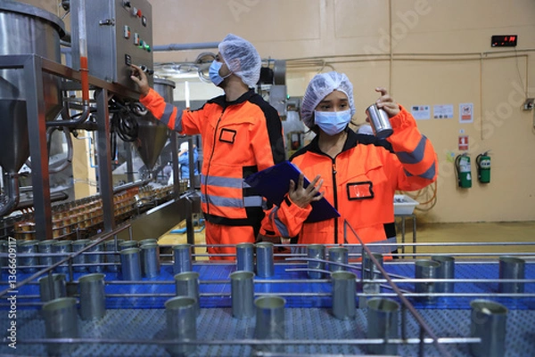 Fototapeta Food engineer working in the food factory for check production line