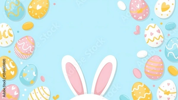 Fototapeta Easter Party Concept with Bunny Ears Colorful Easter Eggs Delicate Spring Flowers on a Pastel Blue Background with Copy Space for Festive Designs Greeting Cards and Holiday Invitations. Easter Holiday