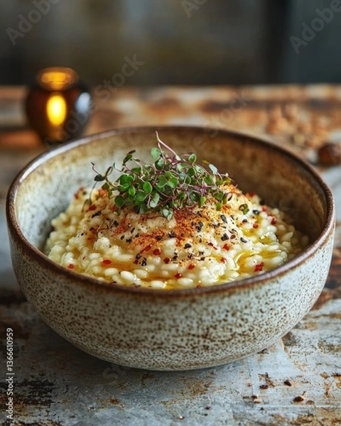 Fototapeta Rustic bowl of creamy risotto with fresh microgreens and spices in warm lighting