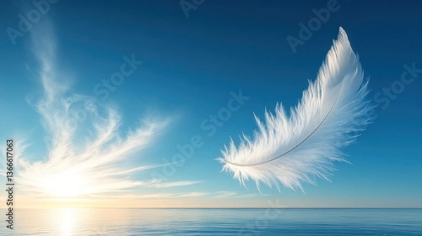 Fototapeta Serene Sunset: A Single Feather Floating on Calm Ocean Waters