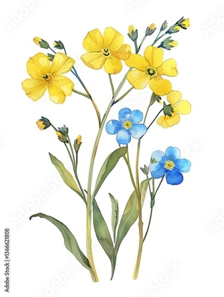 Fototapeta Watercolor Yellow Forget Me Not Isolated on White Background. Beautiful Forget Me Not Flower