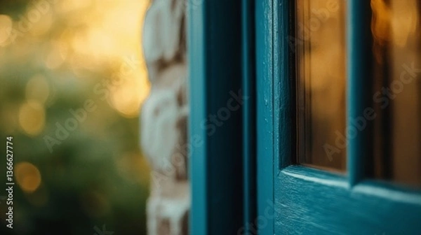 Fototapeta a close up of a blue door with a brick wall in the background