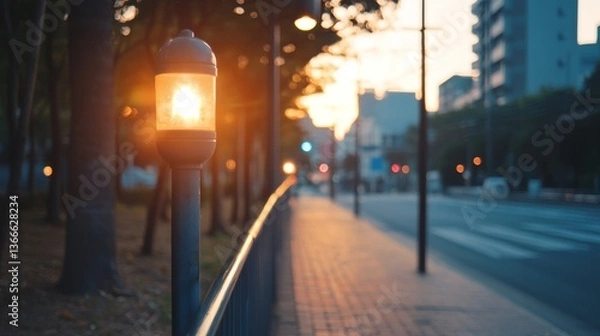 Fototapeta a street light sitting on the side of a road next to a fence and trees at sunset