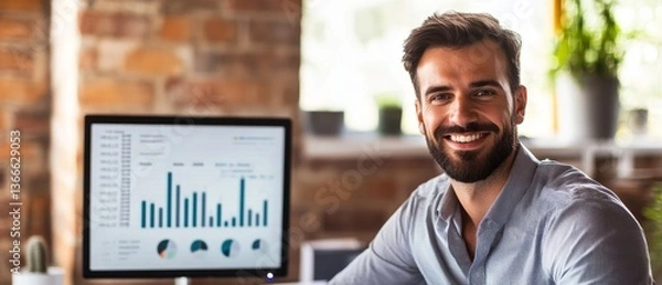 Obraz Smiling Businessman with Analytics on Screen 