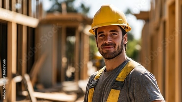Obraz Safety-Minded Worker: Construction Site Builder with Hard Hat 
