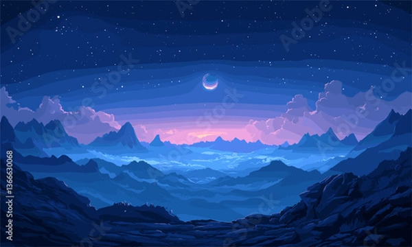 Fototapeta Majestic night sky over mountain range with crescent moon and stars - vector