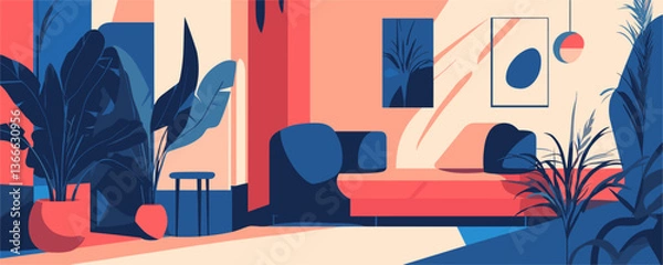 Fototapeta Modern living room with indoor plants and abstract art in flat design - vector