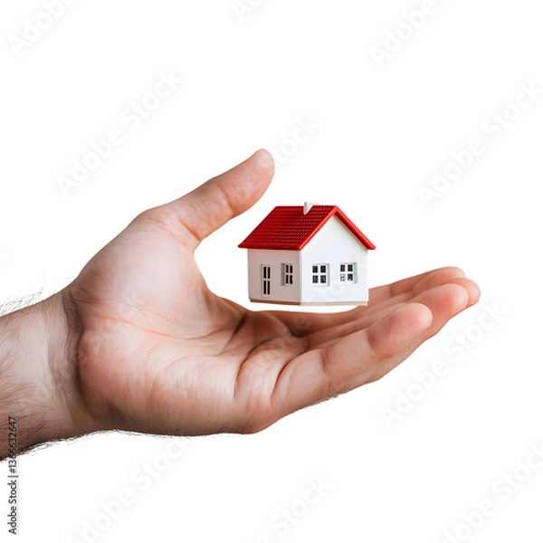Fototapeta Miniature House with Red Roof in Open Hand on Black Surface for Real Estate Concepts and Home Ownership Imagery