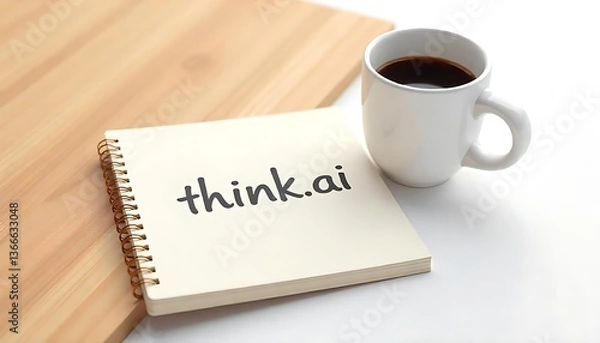 Fototapeta  a notepad with the handwritten words thiink.ai and a coffee cup placed on a wooden table, created with generative ai