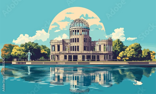 Fototapeta Hiroshima peace memorial park reflected in water with blue sky and clouds - vector