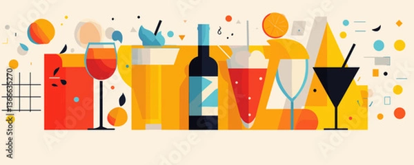 Fototapeta Colorful abstract beverage art with wine and cocktail glasses - vector