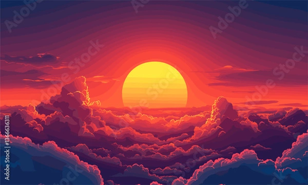 Fototapeta Vibrant sunset above cloudscape with dramatic lighting, horizontal vector